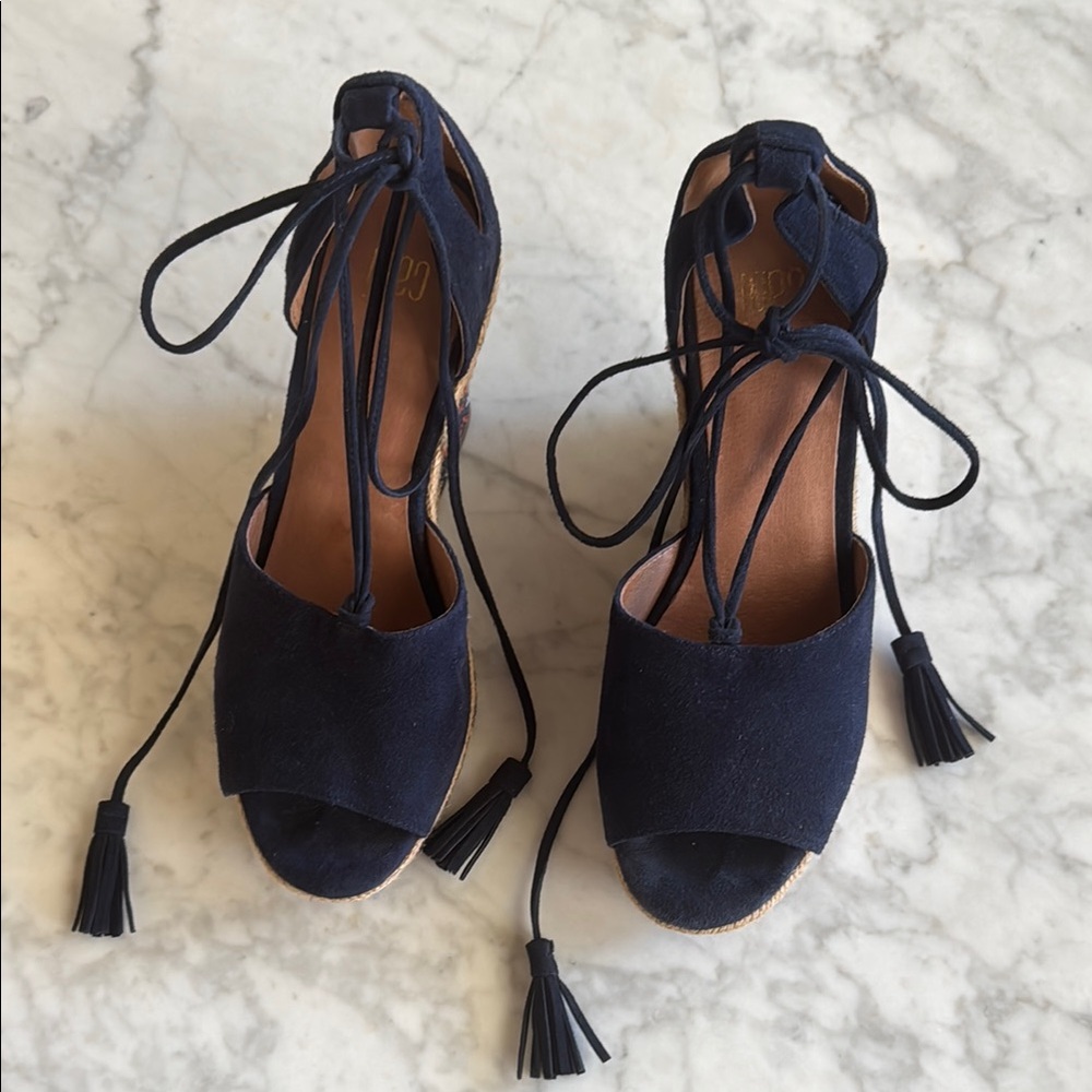 CAbi Isla Elegant Navy Suede Lace-Up Women's Wedges Shoes Sz 6